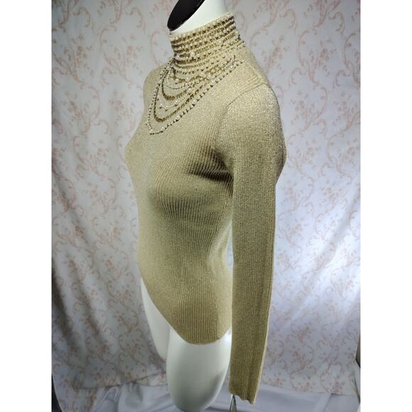 Gold Metallic Mock Neck Sweater, Size S - Picture 4 of 10